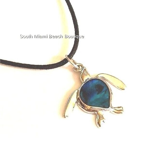 Silver Abalone Sea Turtle Surfer Necklace 22" Blue Shell Mens Womens Island - Picture 6 of 10